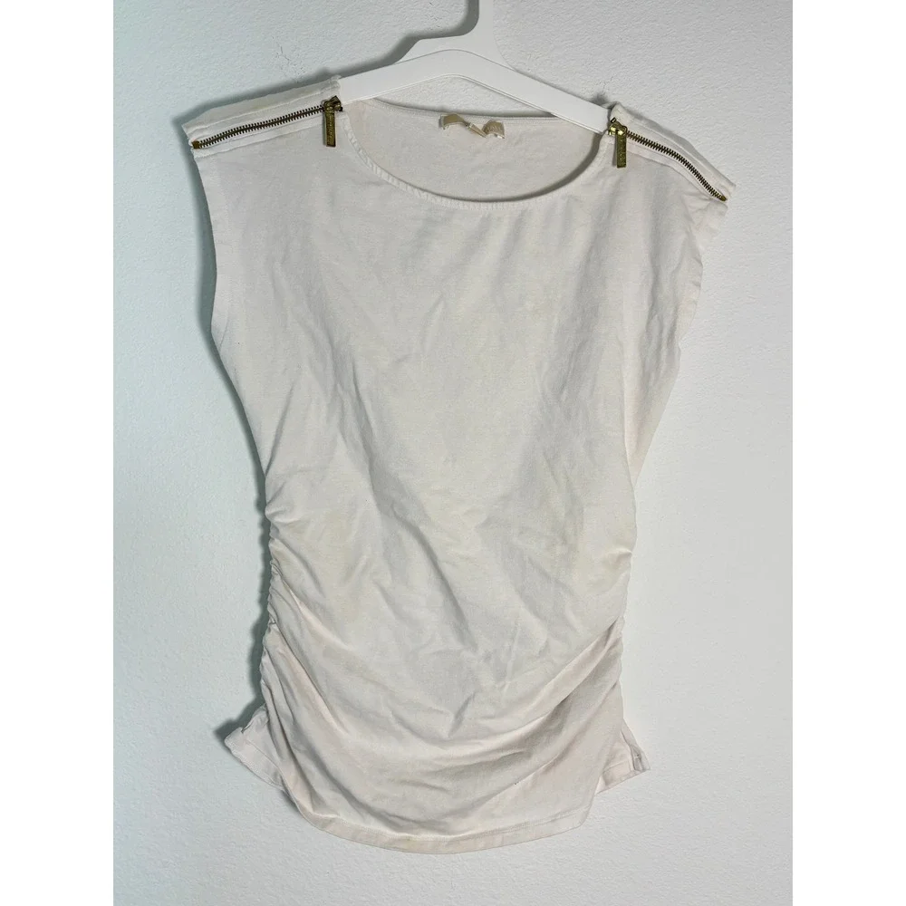 Michael Michael Kors Cream Ruched Sleeveless Top‎ Gold Shoulder Zippers Medium